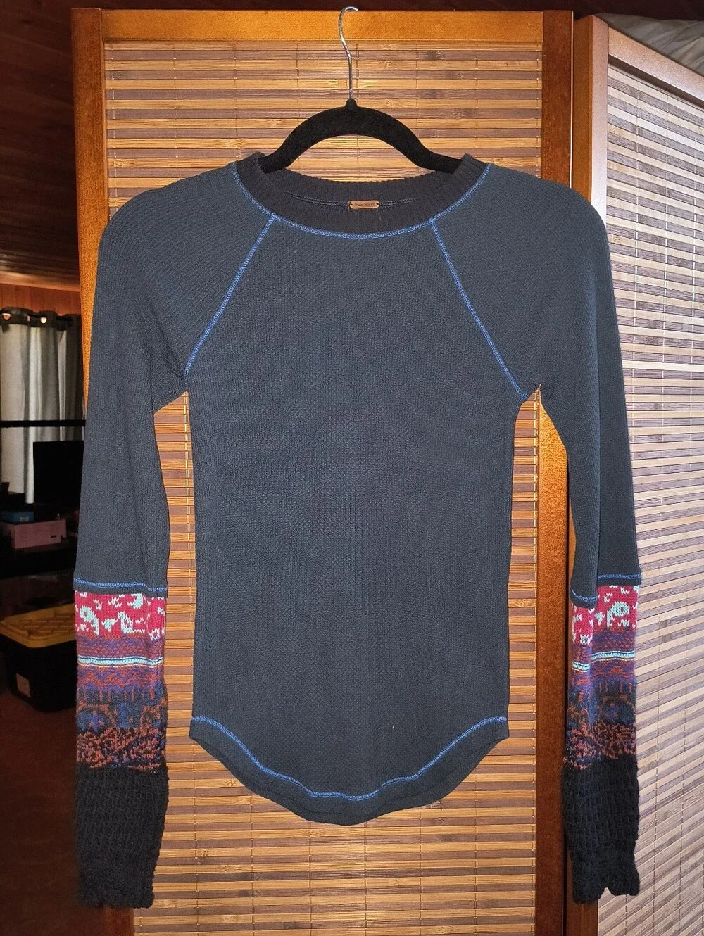 Free People Navy Waffle Thermal Top with Multicolor Patterned Sleeve Panels